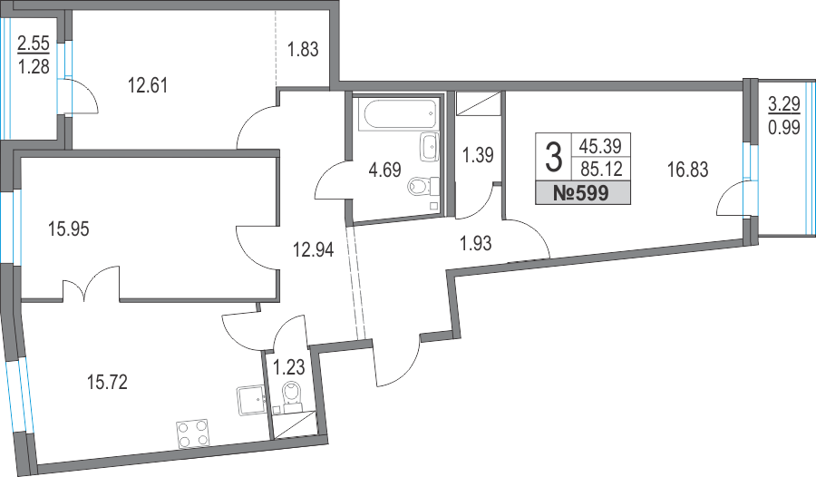 3-комнатная, 85 м² — ЖК ЖК Приморский квартал
