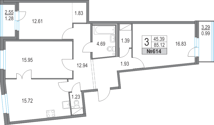 3-комнатная, 85 м² — ЖК ЖК Приморский квартал