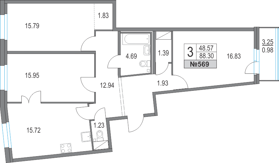 3-комнатная, 88 м² — ЖК ЖК Приморский квартал