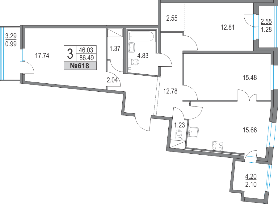 3-комнатная, 86 м² — ЖК ЖК Приморский квартал
