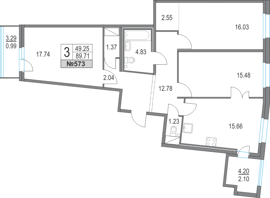 3-комнатная, 90 м² — ЖК ЖК Приморский квартал
