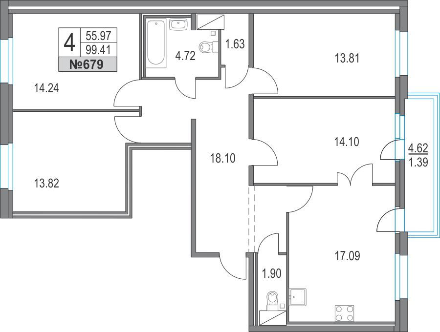 4-комнатная, 99 м² — ЖК ЖК Приморский квартал