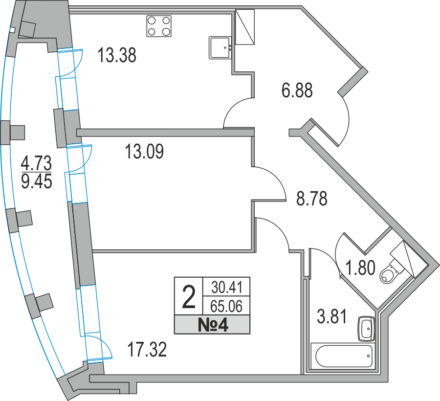 2-комнатная, 65 м² — ЖК ЖК Приморский квартал