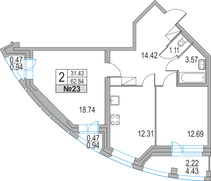 2-комнатная, 63 м² — ЖК ЖК Приморский квартал