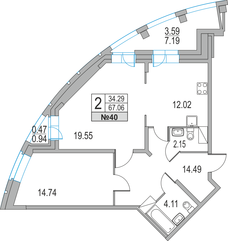2-комнатная, 67 м² — ЖК ЖК Приморский квартал