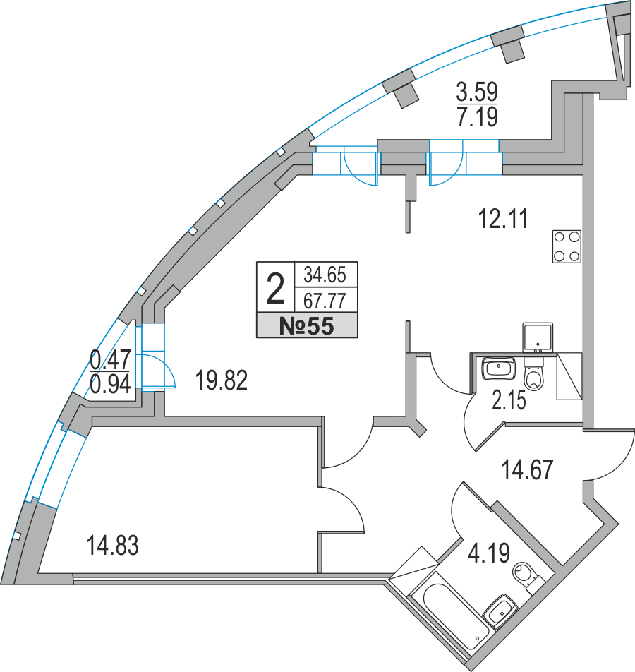 2-комнатная, 68 м² — ЖК ЖК Приморский квартал