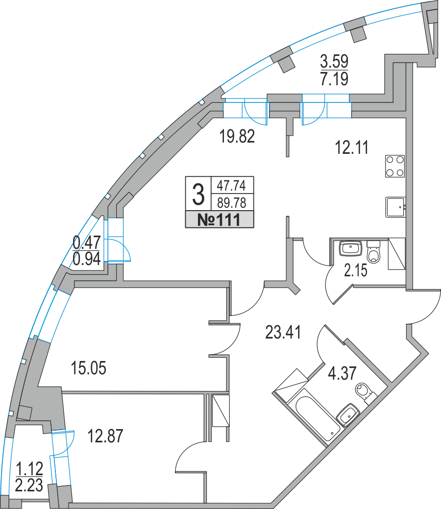 3-комнатная, 90 м² — ЖК ЖК Приморский квартал