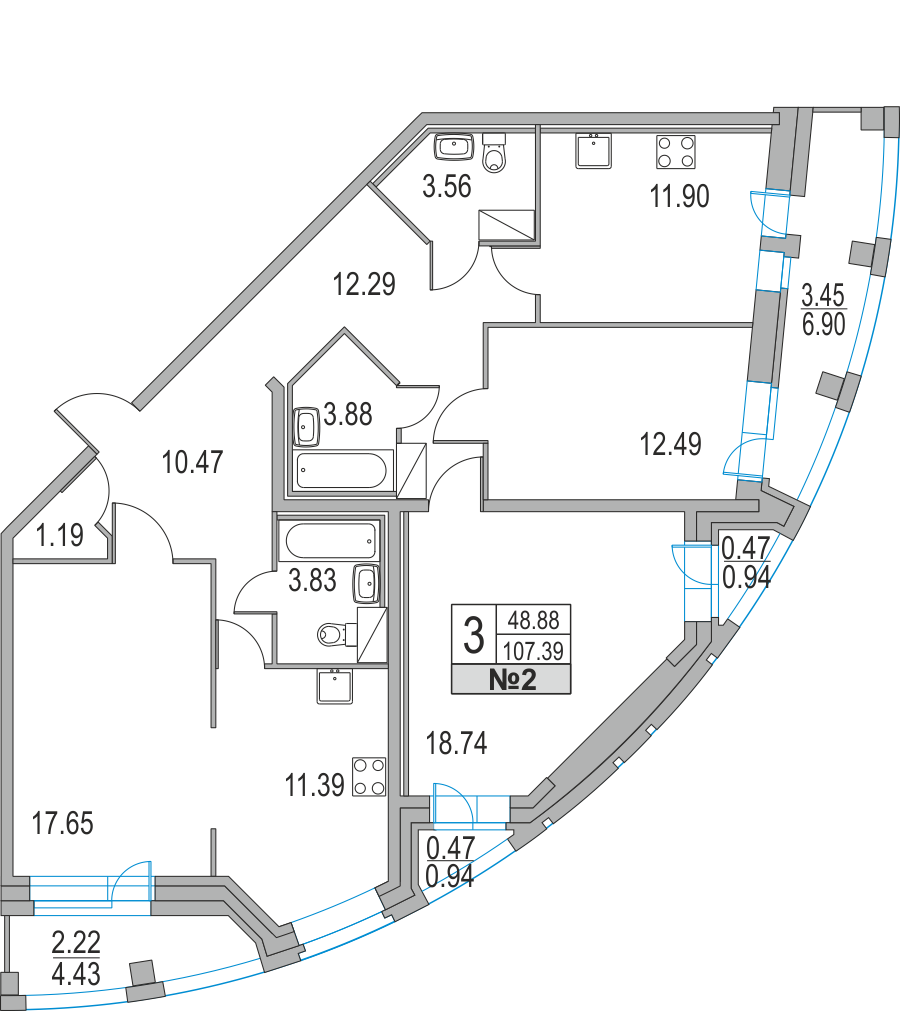 3-комнатная, 107 м² — ЖК ЖК Приморский квартал