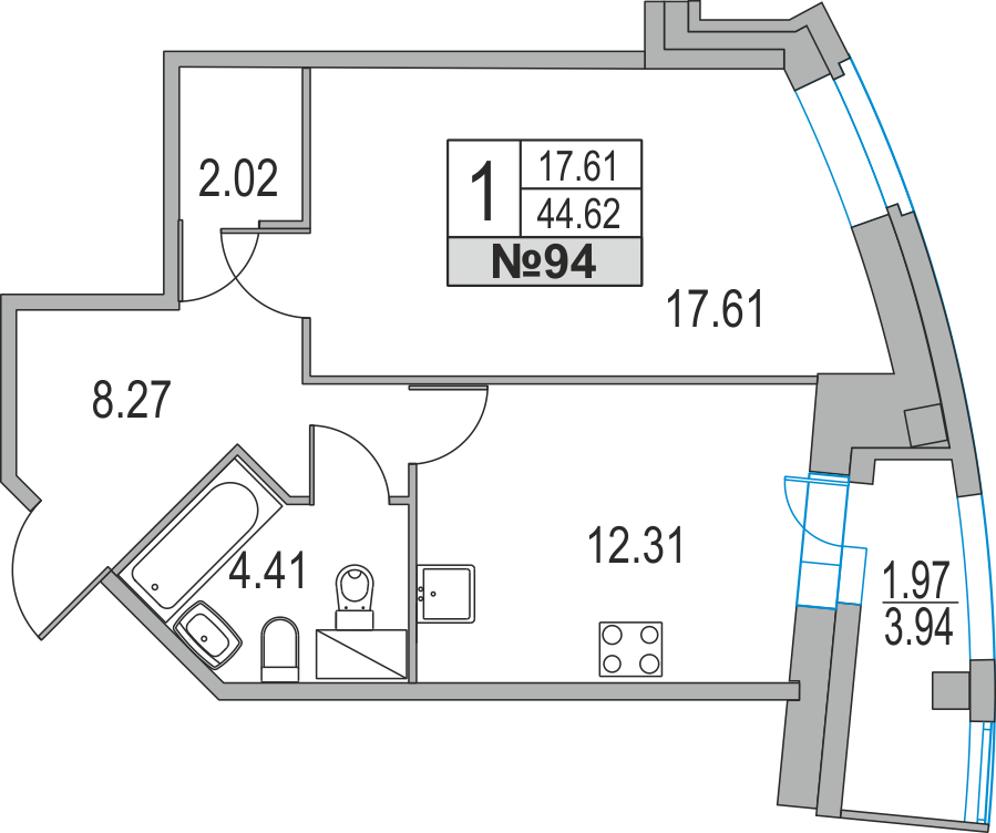 1-комнатная, 45 м² — ЖК ЖК Приморский квартал