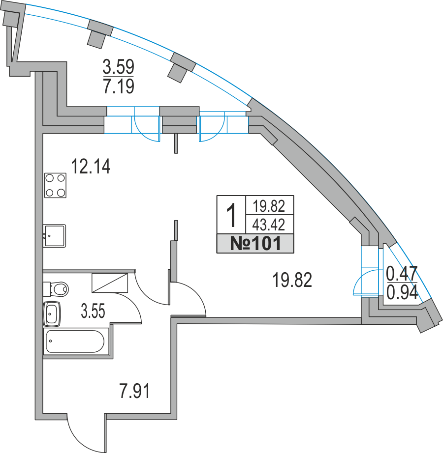1-комнатная, 43 м² — ЖК ЖК Приморский квартал