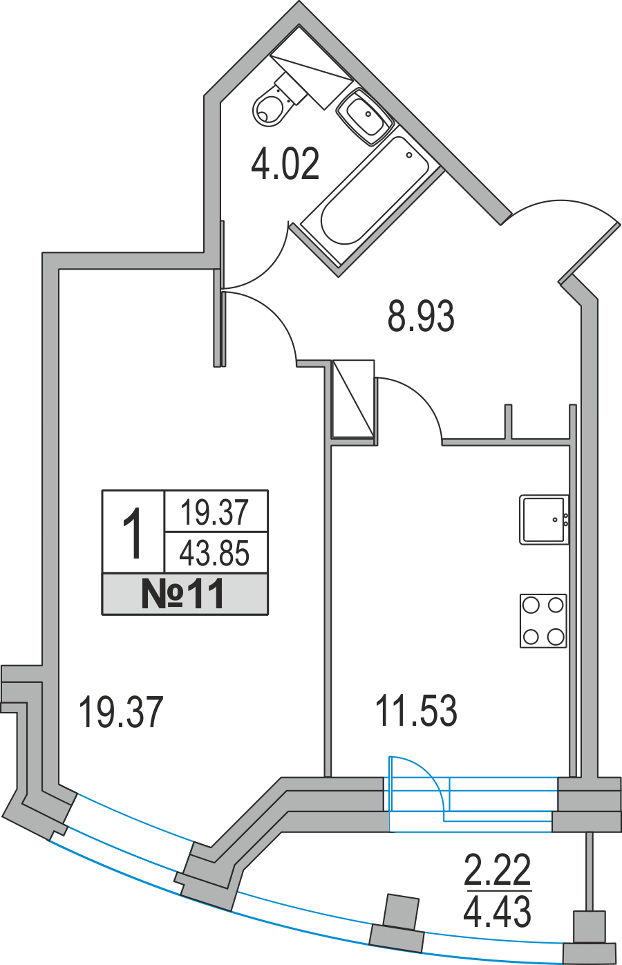1-комнатная, 44 м² — ЖК ЖК Приморский квартал