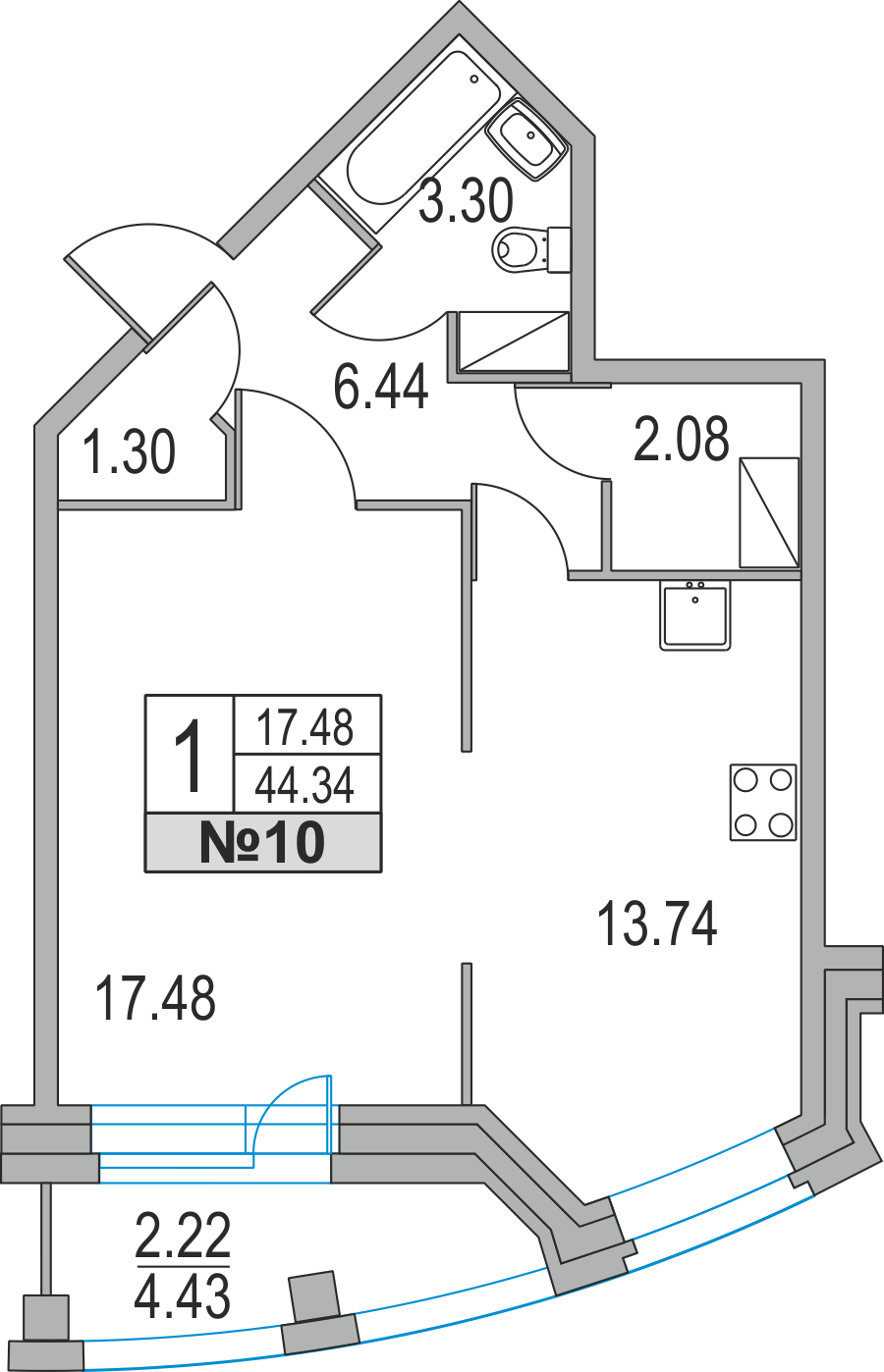 1-комнатная, 44 м² — ЖК ЖК Приморский квартал