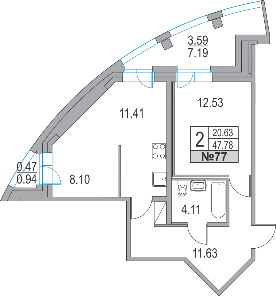 2-комнатная, 48 м² — ЖК ЖК Приморский квартал