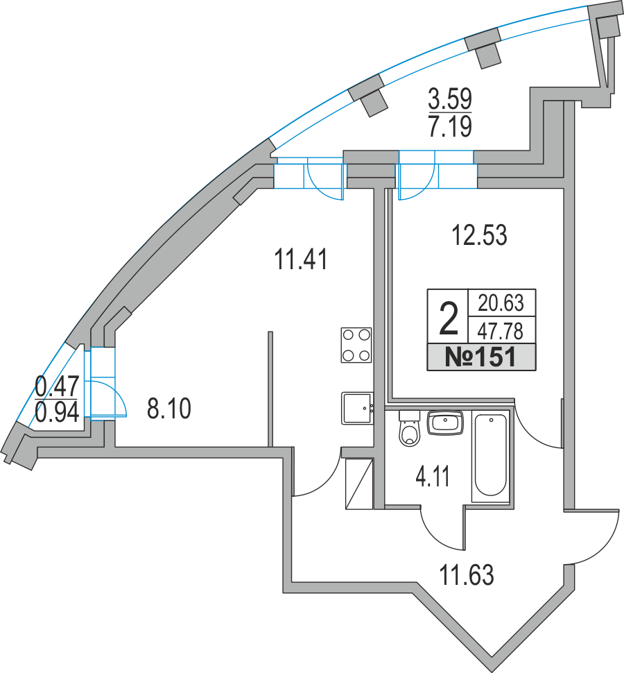 2-комнатная, 48 м² — ЖК ЖК Приморский квартал