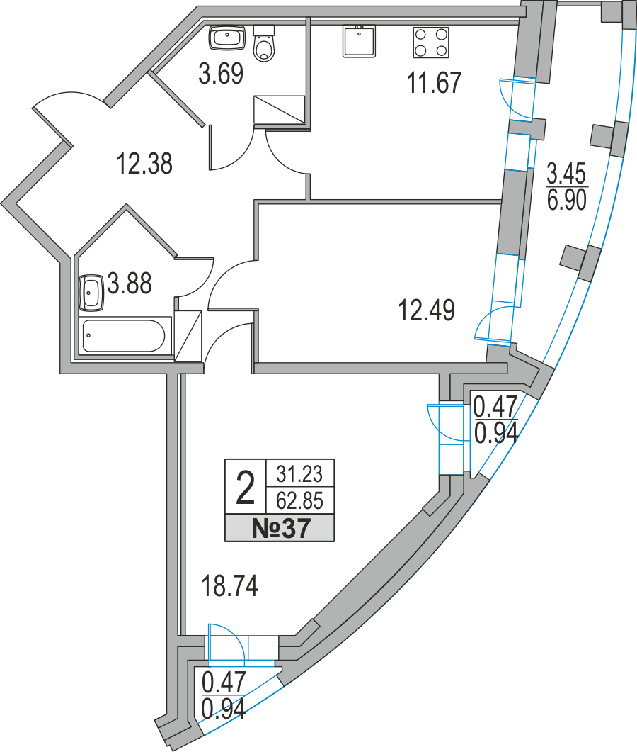 2-комнатная, 63 м² — ЖК ЖК Приморский квартал
