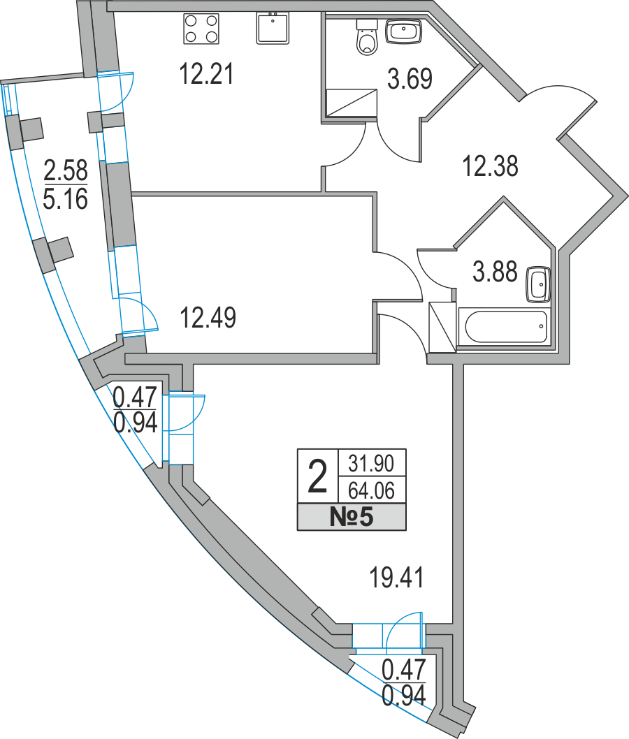 2-комнатная, 64 м² — ЖК ЖК Приморский квартал