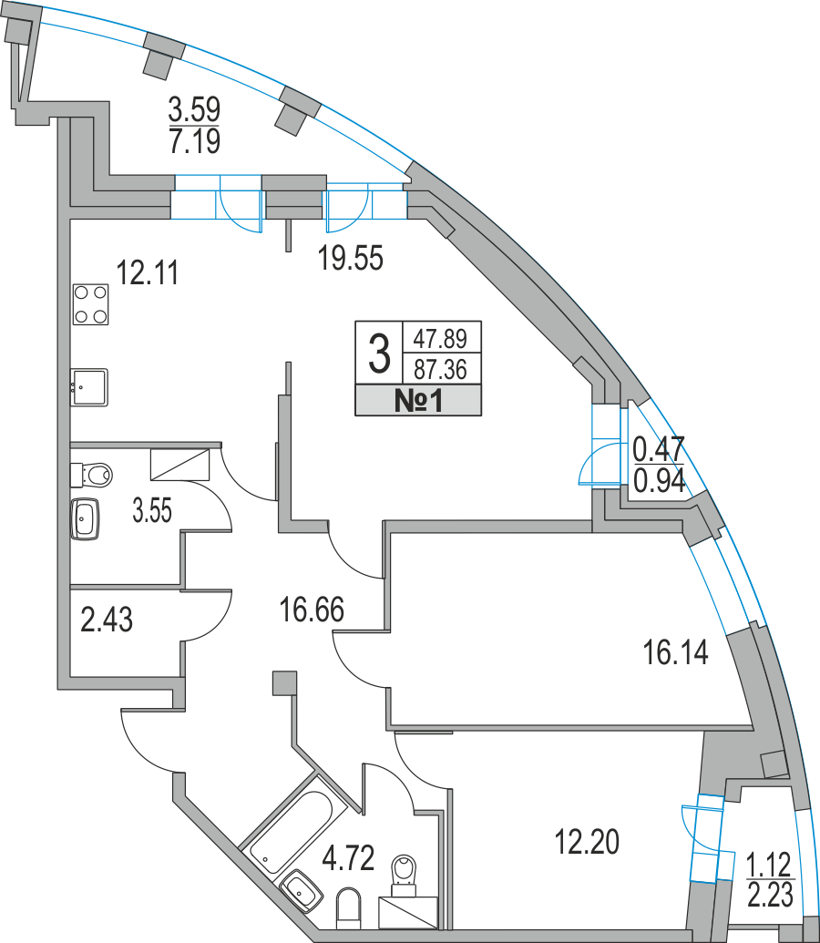 3-комнатная, 87 м² — ЖК ЖК Приморский квартал