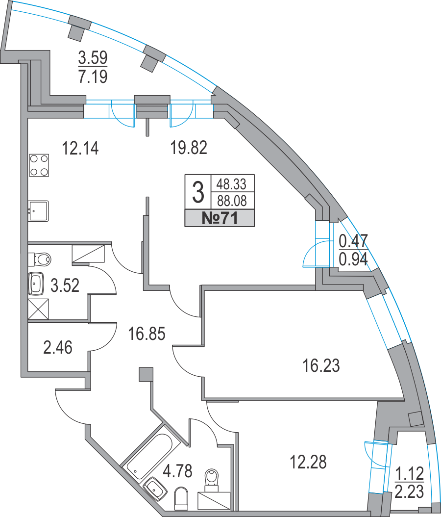 3-комнатная, 88 м² — ЖК ЖК Приморский квартал