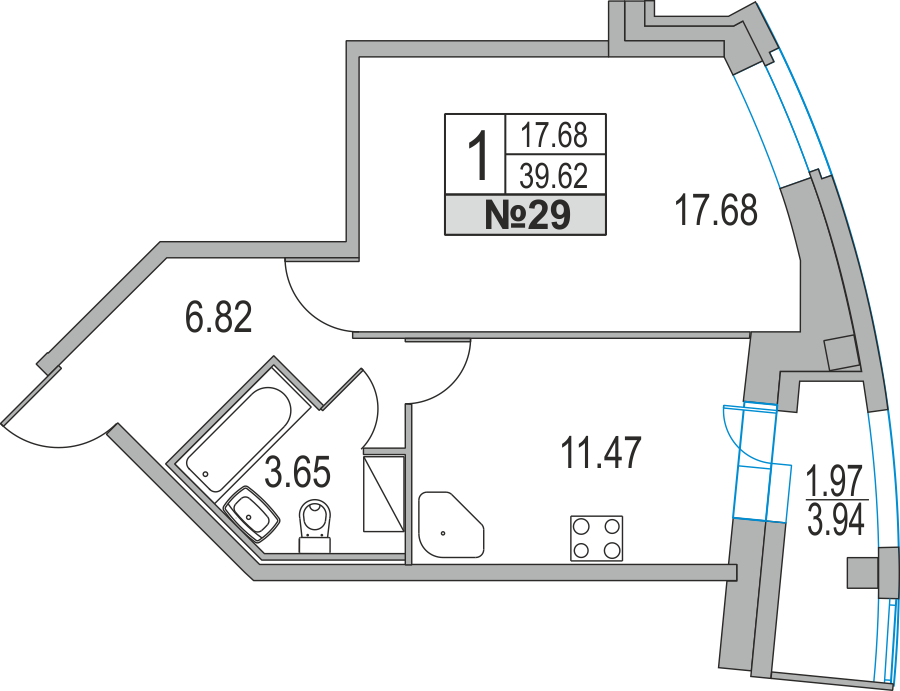 1-комнатная, 40 м² — ЖК ЖК Приморский квартал