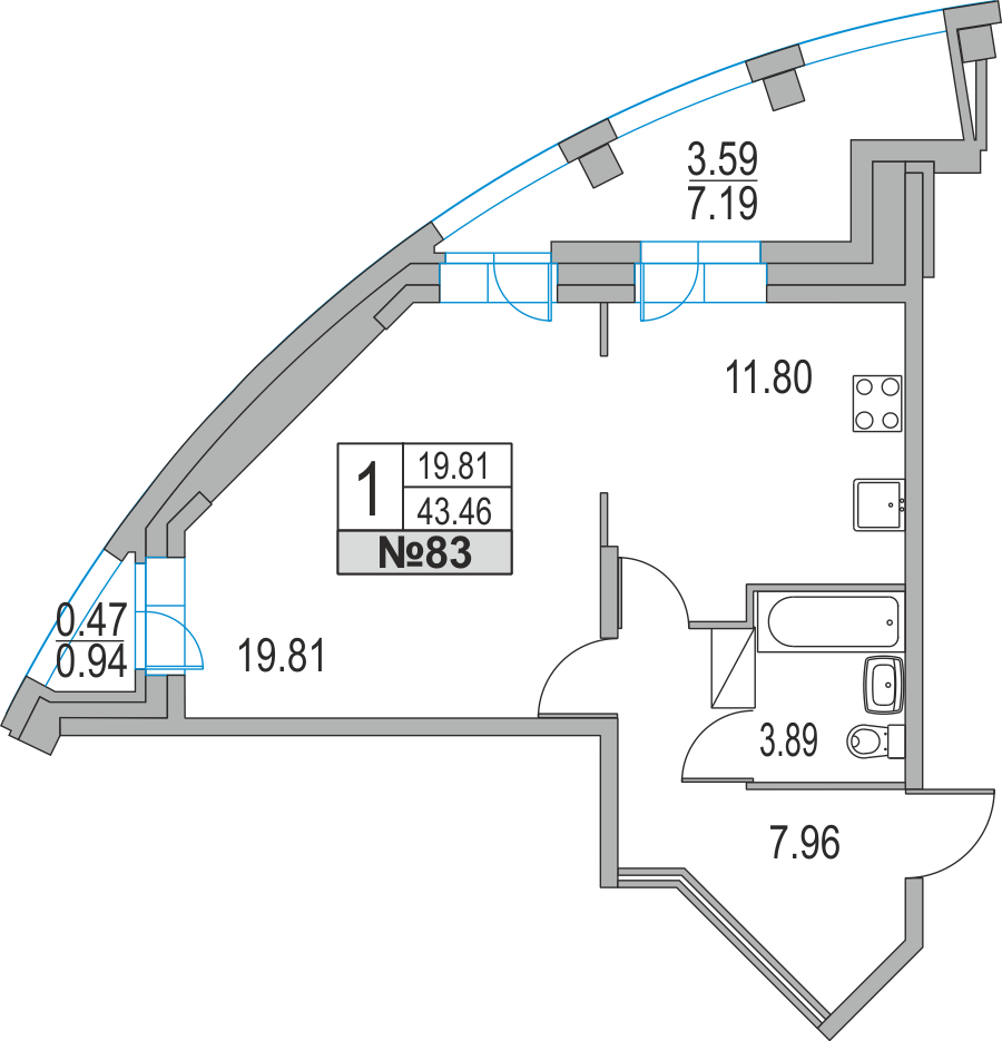 1-комнатная, 43 м² — ЖК ЖК Приморский квартал