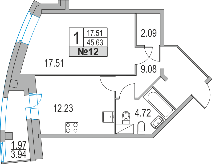 1-комнатная, 46 м² — ЖК ЖК Приморский квартал