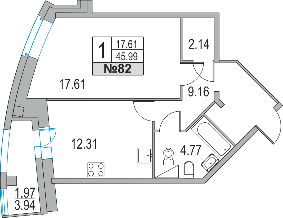 1-комнатная, 46 м² — ЖК ЖК Приморский квартал
