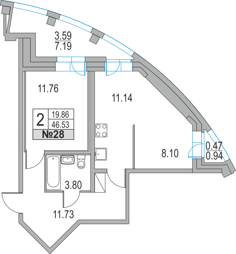 2-комнатная, 47 м² — ЖК ЖК Приморский квартал