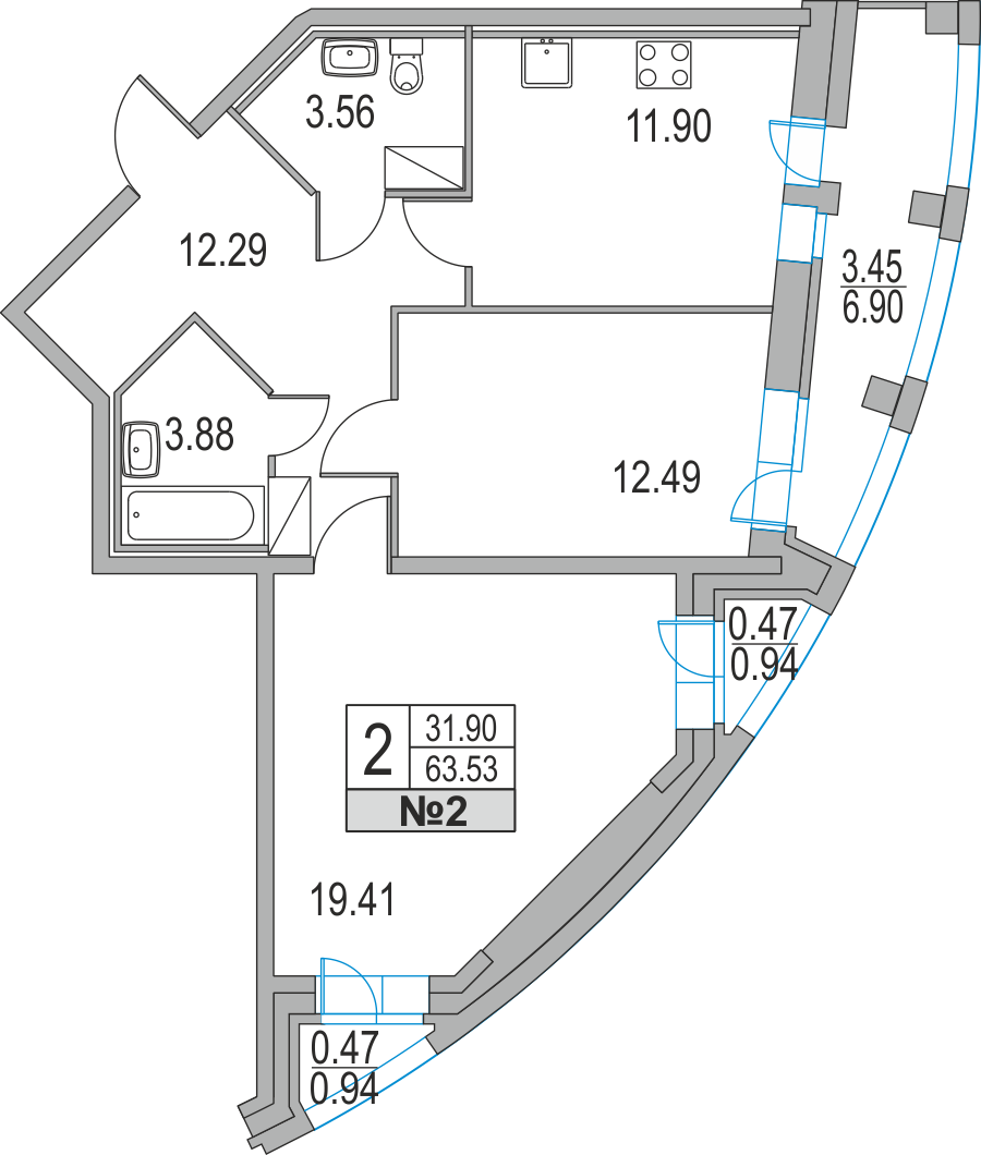 2-комнатная, 64 м² — ЖК ЖК Приморский квартал