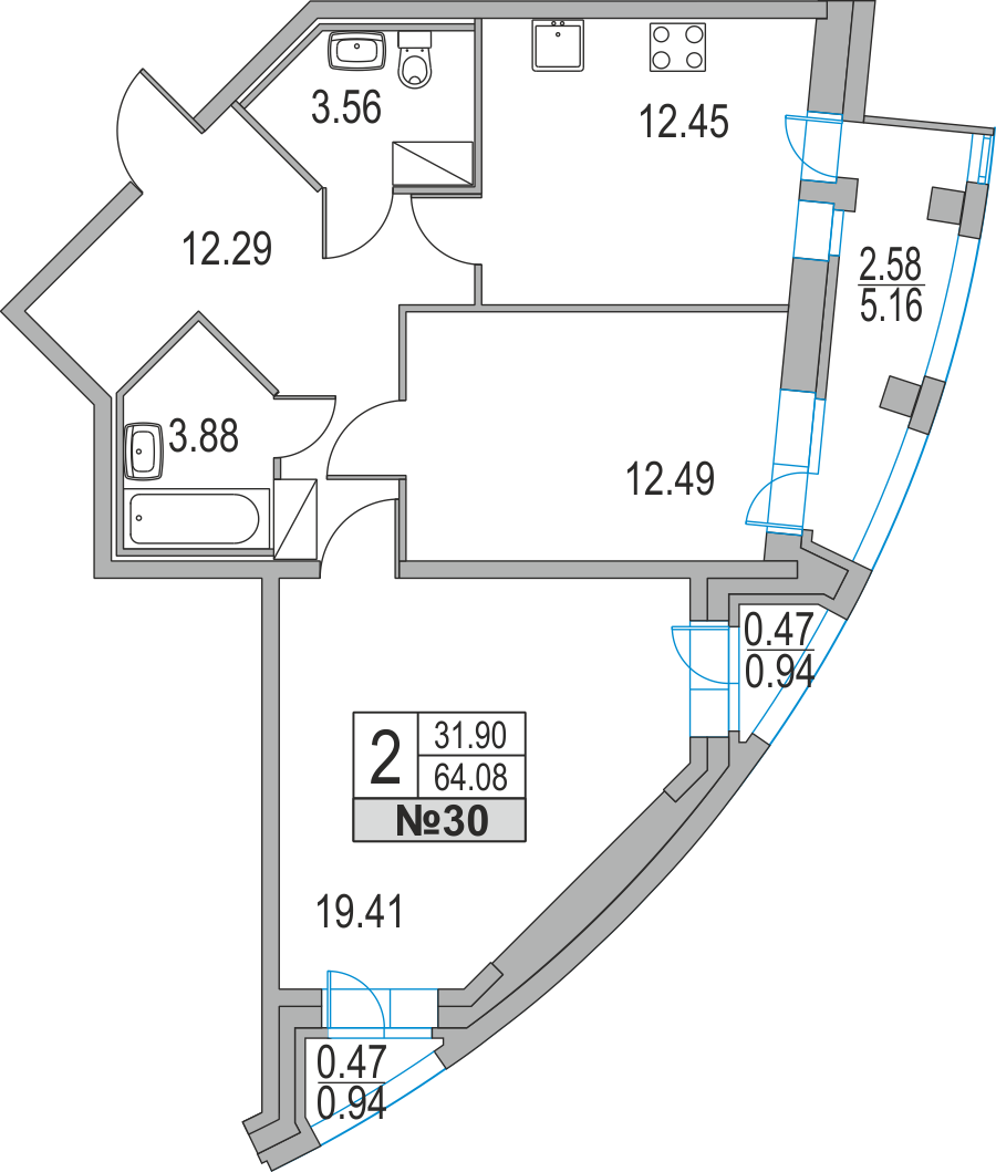 2-комнатная, 64 м² — ЖК ЖК Приморский квартал
