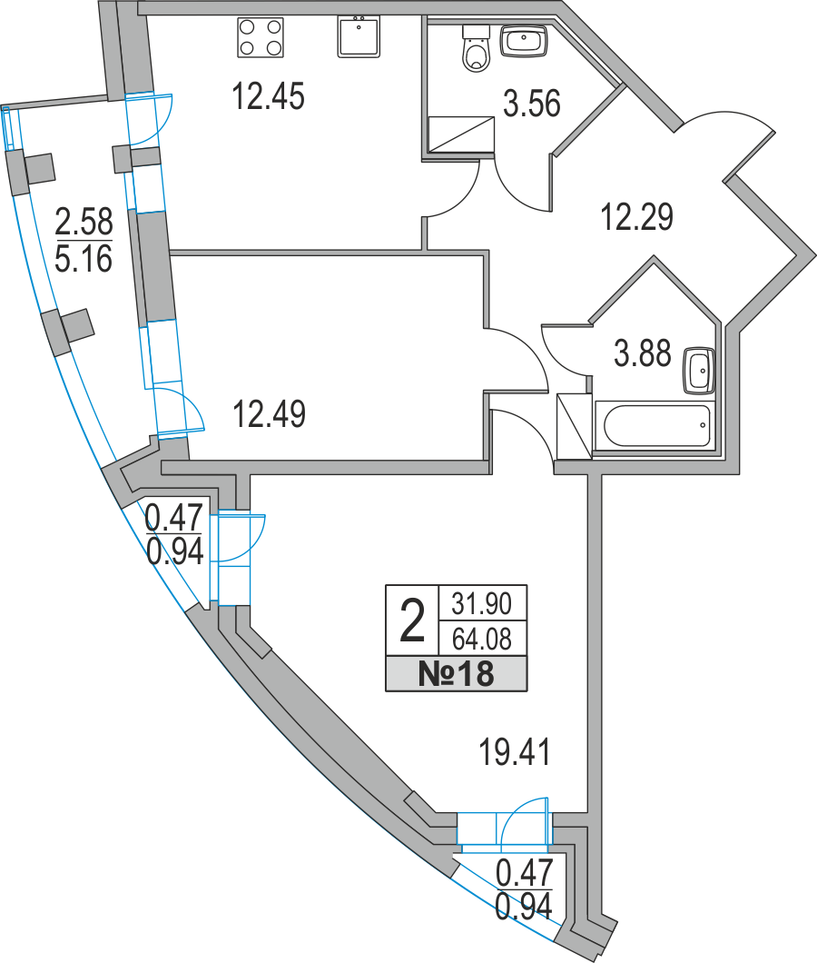 2-комнатная, 64 м² — ЖК ЖК Приморский квартал