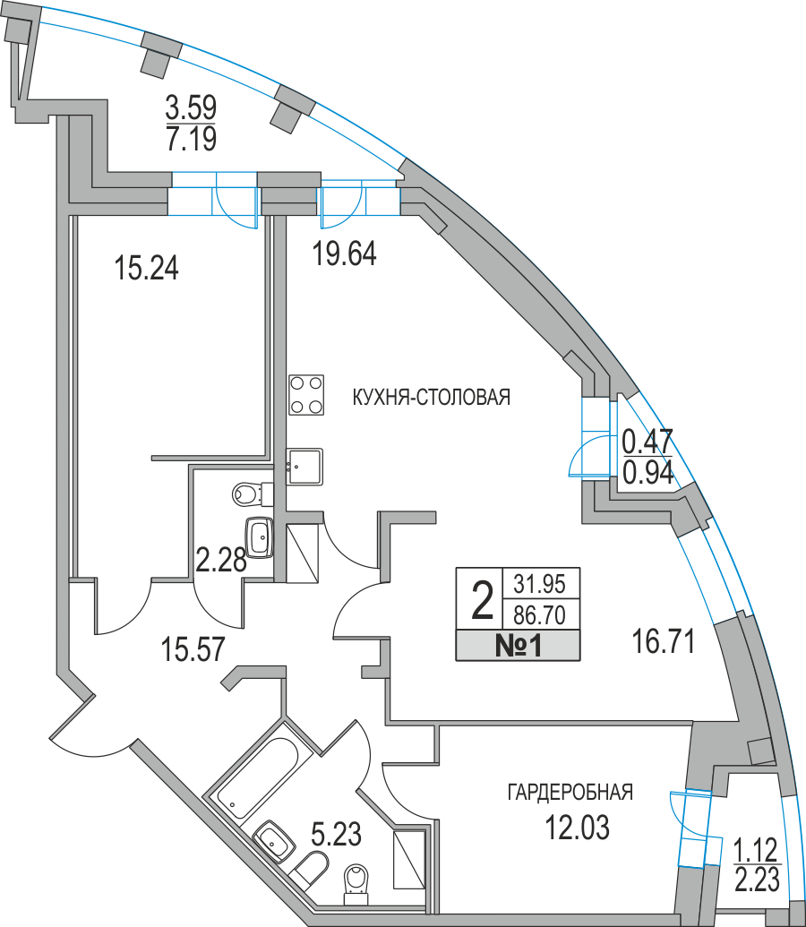2-комнатная, 87 м² — ЖК ЖК Приморский квартал