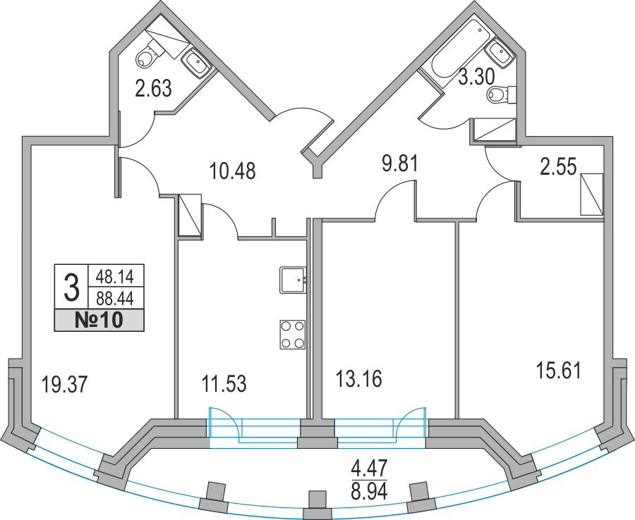 3-комнатная, 88 м² — ЖК ЖК Приморский квартал