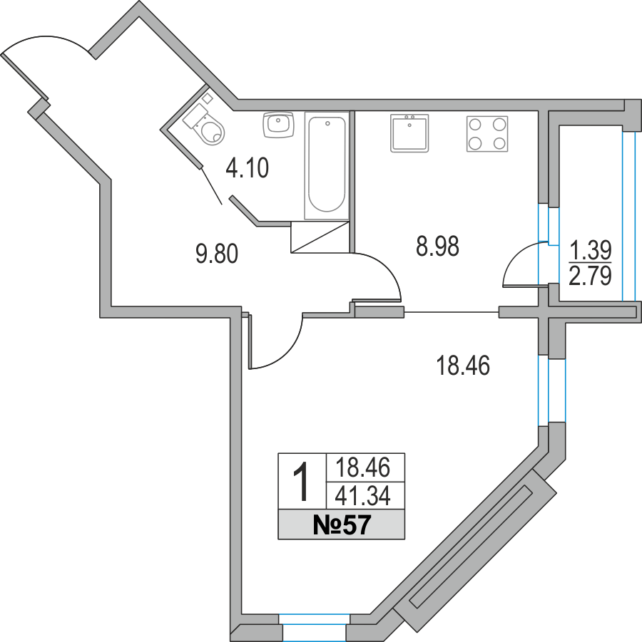 1-комнатная, 41 м² — ЖК ЖК Приморский квартал