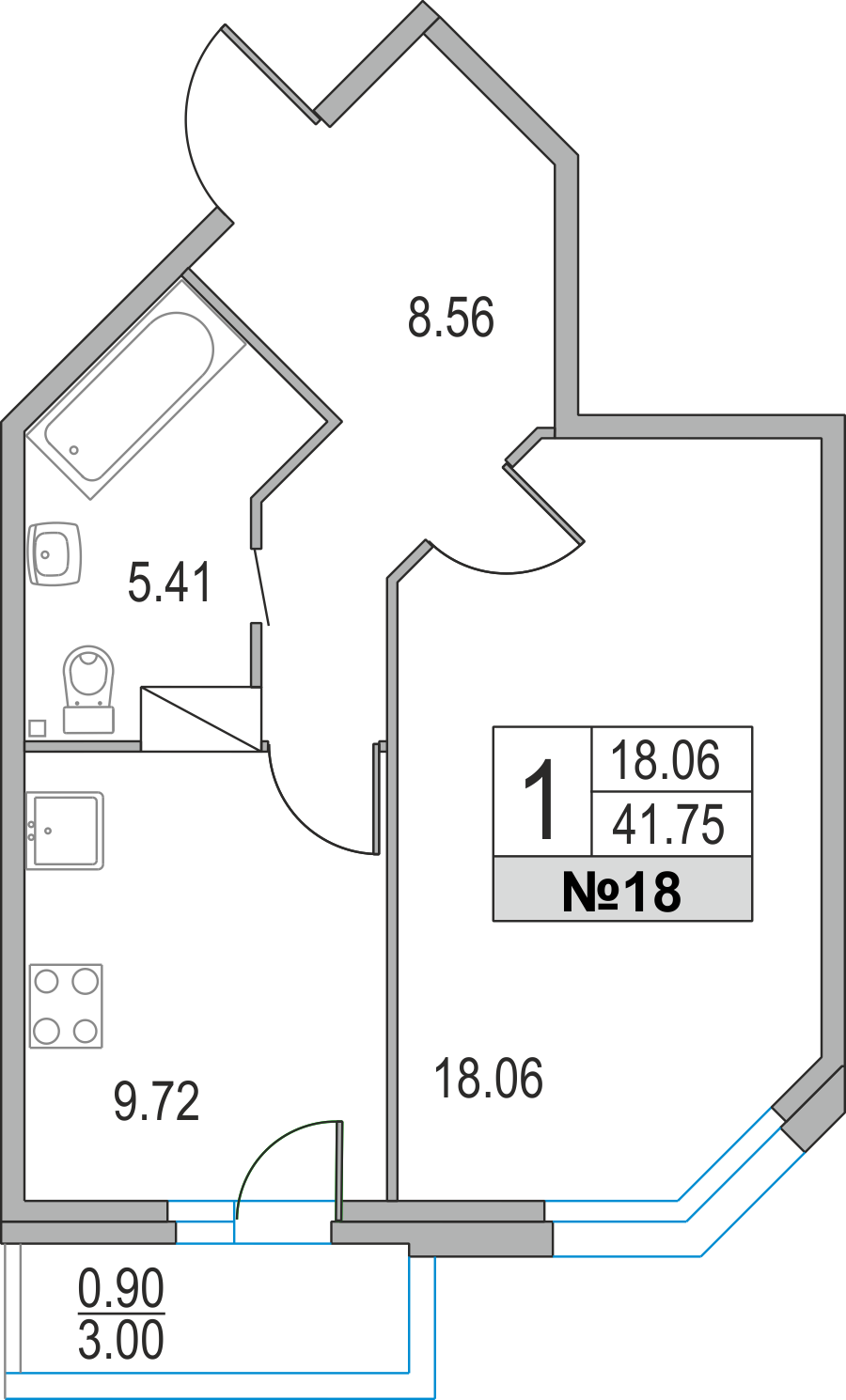1-комнатная, 42 м² — ЖК ЖК Приморский квартал