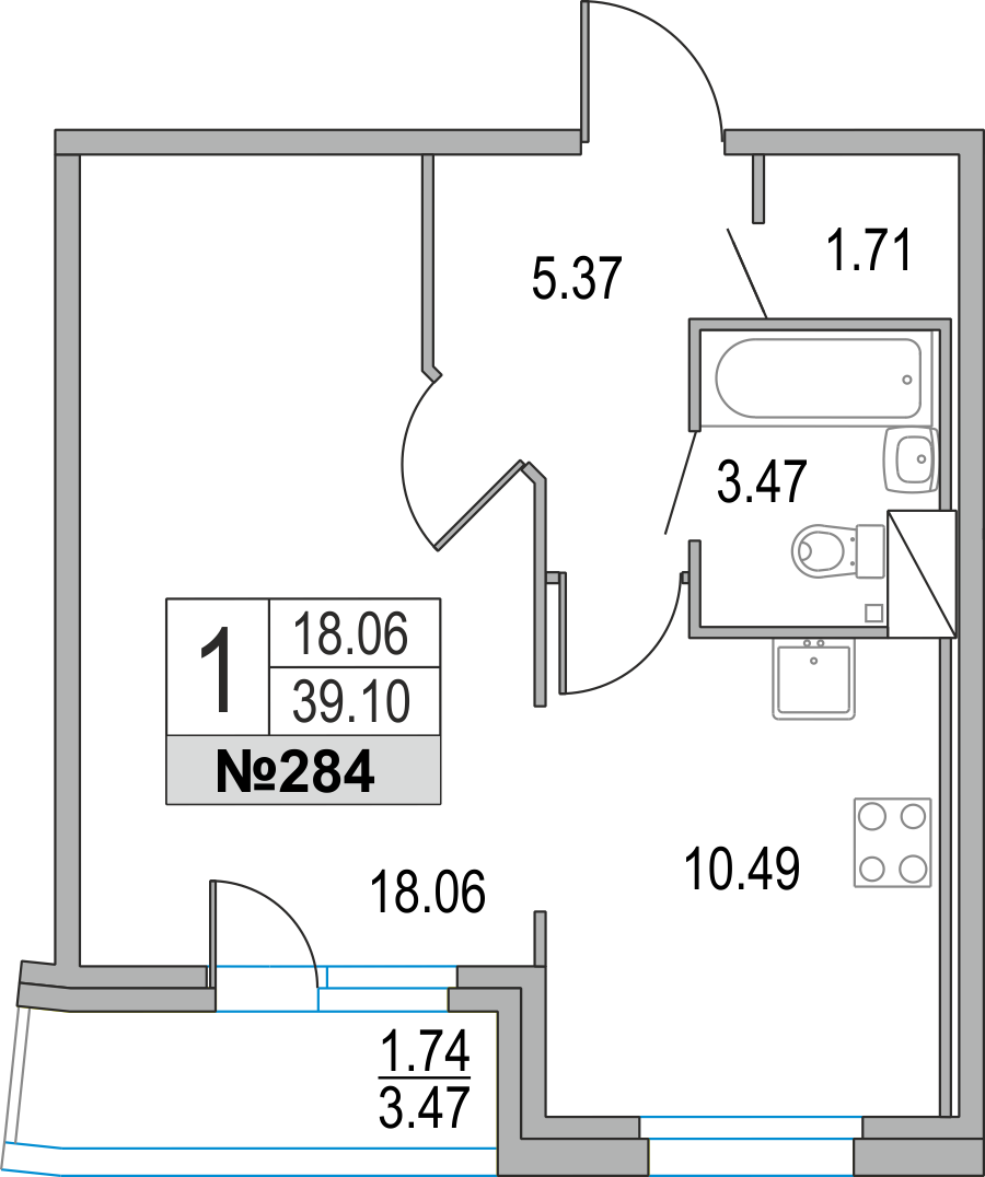 1-комнатная, 39 м² — ЖК ЖК Приморский квартал