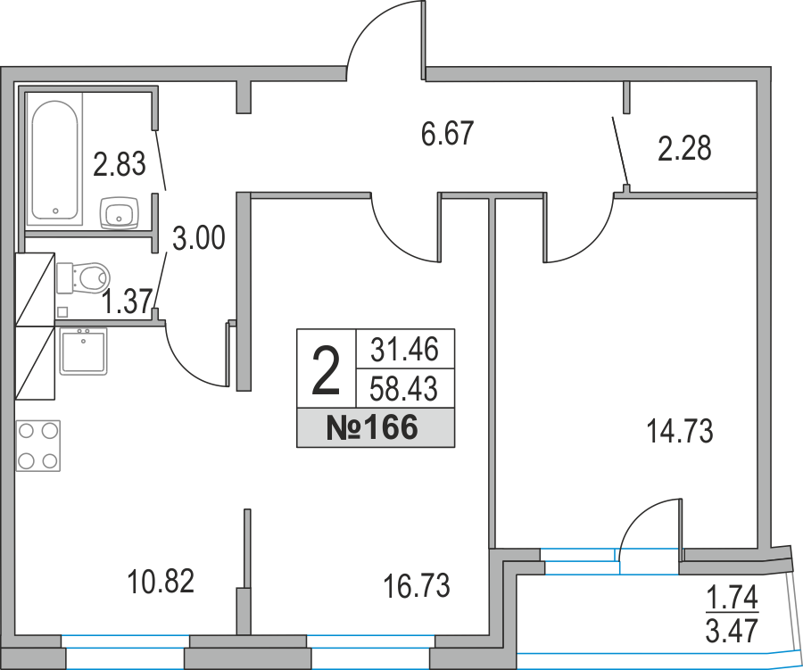 2-комнатная, 58 м² — ЖК ЖК Приморский квартал