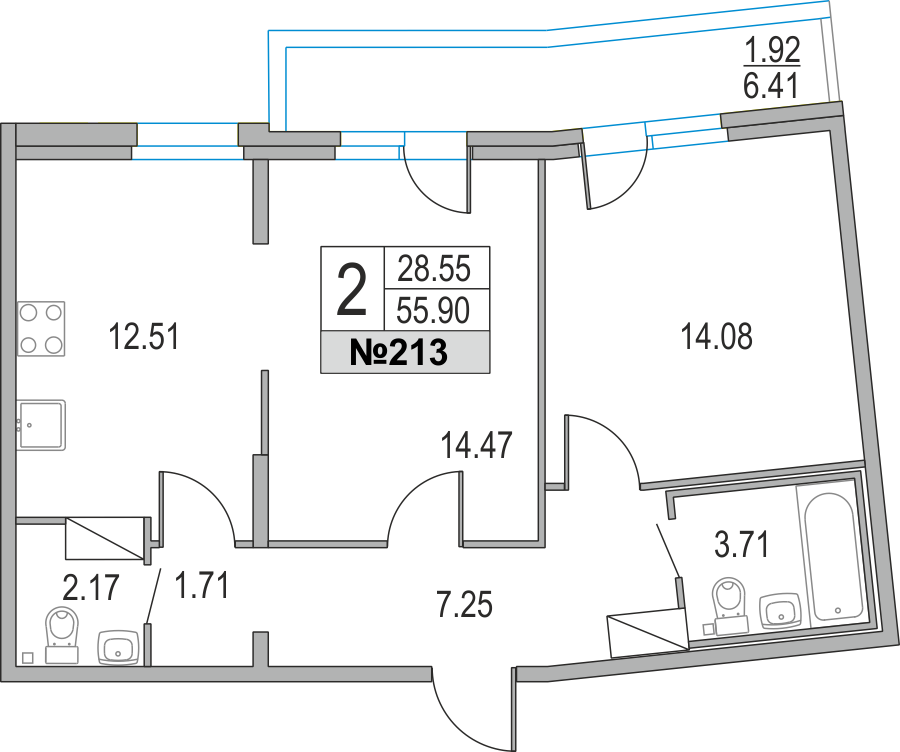 2-комнатная, 56 м² — ЖК ЖК Приморский квартал