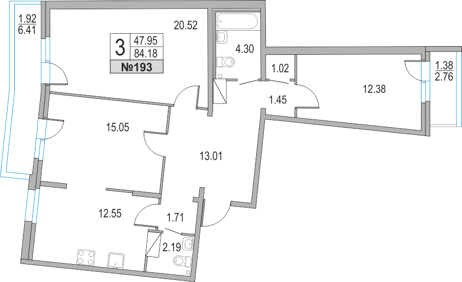 3-комнатная, 84 м² — ЖК ЖК Приморский квартал