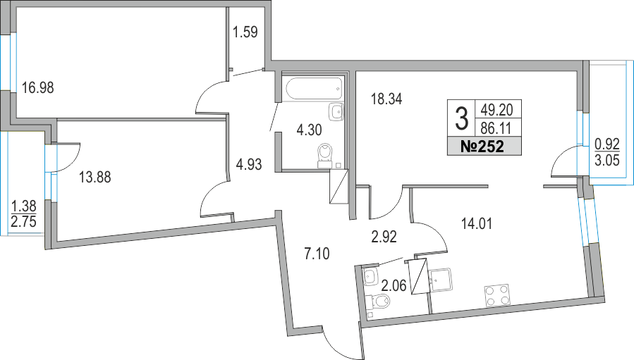 3-комнатная, 86 м² — ЖК ЖК Приморский квартал
