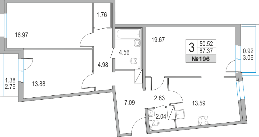 3-комнатная, 87 м² — ЖК ЖК Приморский квартал