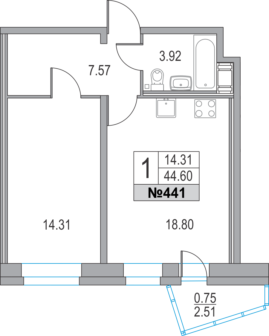 1-комнатная, 45 м² — ЖК ЖК Приморский квартал