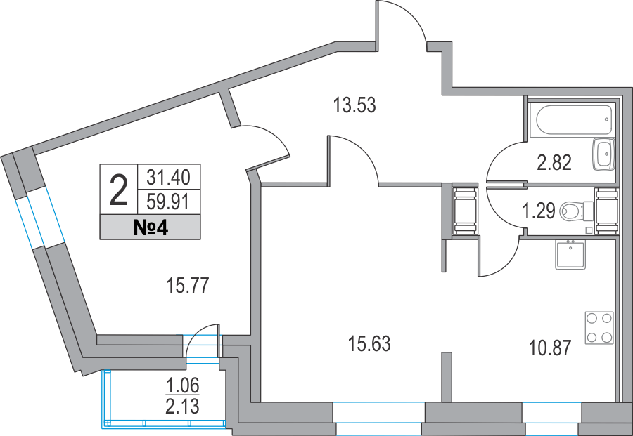 2-комнатная, 60 м² — ЖК ЖК Приморский квартал