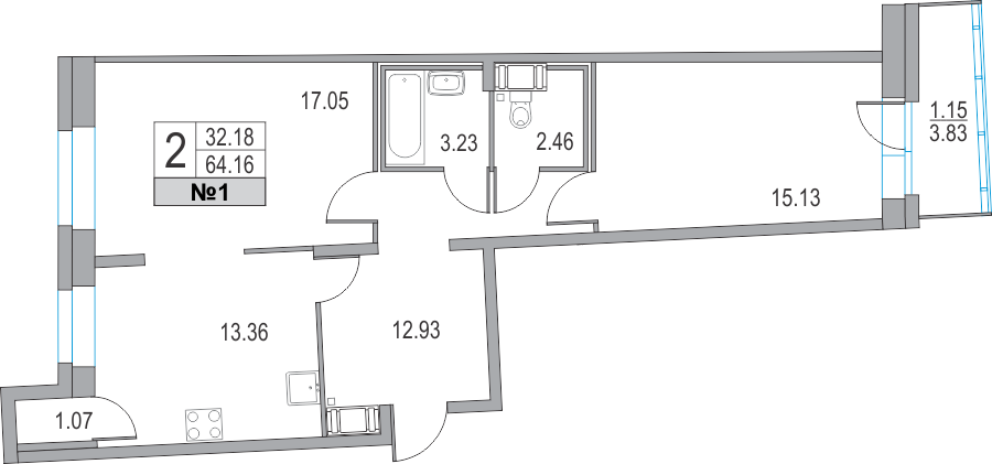 2-комнатная, 64 м² — ЖК ЖК Приморский квартал