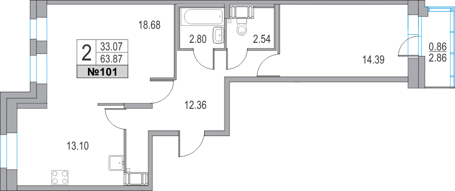 2-комнатная, 64 м² — ЖК ЖК Приморский квартал
