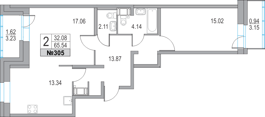 2-комнатная, 66 м² — ЖК ЖК Приморский квартал