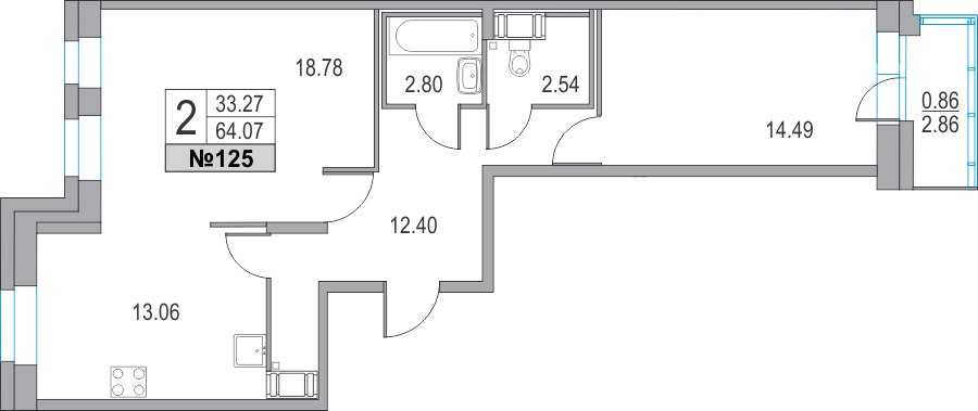 2-комнатная, 64 м² — ЖК ЖК Приморский квартал