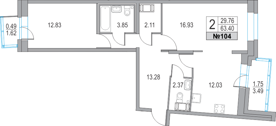 2-комнатная, 63 м² — ЖК ЖК Приморский квартал