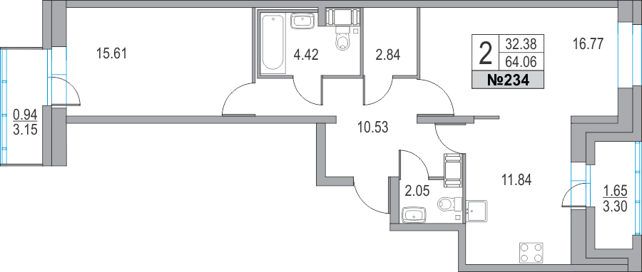 2-комнатная, 64 м² — ЖК ЖК Приморский квартал