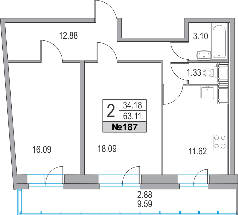 2-комнатная, 63 м² — ЖК ЖК Приморский квартал