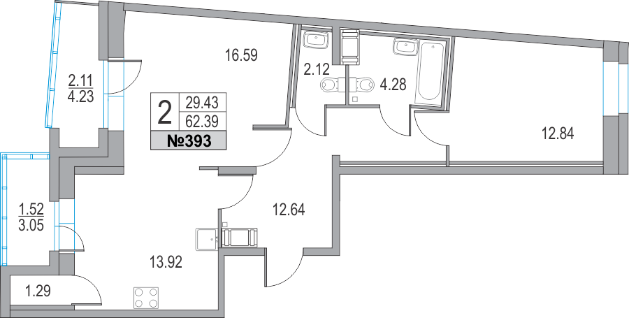2-комнатная, 62 м² — ЖК ЖК Приморский квартал